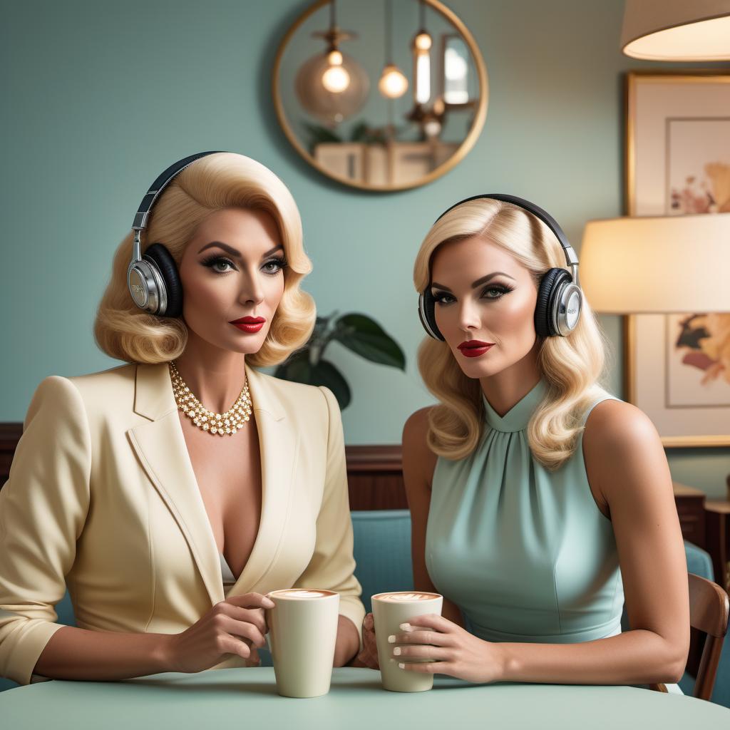  Create a podcast cover with an authentic vintage 60s cartoon style, featuring two distinct women in their late 30s. One woman should have blonde hair and the other should have brown hair. They should be elegantly dressed, with one holding an espresso martini. The setting should be an elegant room set up for podcasting with microphones and headphones. Use warm and inviting colors such as gold, white, and soft pastels. Prominently display the title 'Plotting Greatness' in a cursive font. Ensure the design is eye-catching and appealing for people to select when scrolling on Spotify and Apple podcasts. Incorporate a strong Palm Beach 60s vintage look. Match the style and composition closely to the previous design. hyperrealistic, full body, detailed clothing, highly detailed, cinematic lighting, stunningly beautiful, intricate, sharp focus, f/1. 8, 85mm, (centered image composition), (professionally color graded), ((bright soft diffused light)), volumetric fog, trending on instagram, trending on tumblr, HDR 4K, 8K