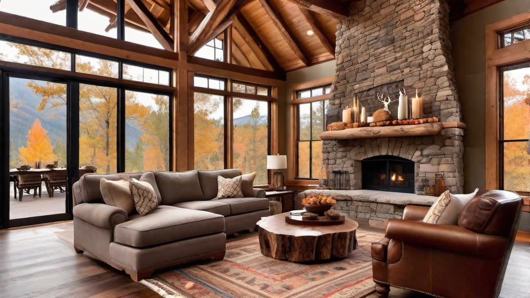  A cozy log cabin living room featuring plush sofas adorned with soft throw blankets, a rustic wooden coffee table, a stone fireplace crackling with warmth, and large windows allowing natural light to flood the space. The interior boasts exposed wooden beams, autumn themed decor, and a woven rug on the wooden floor.