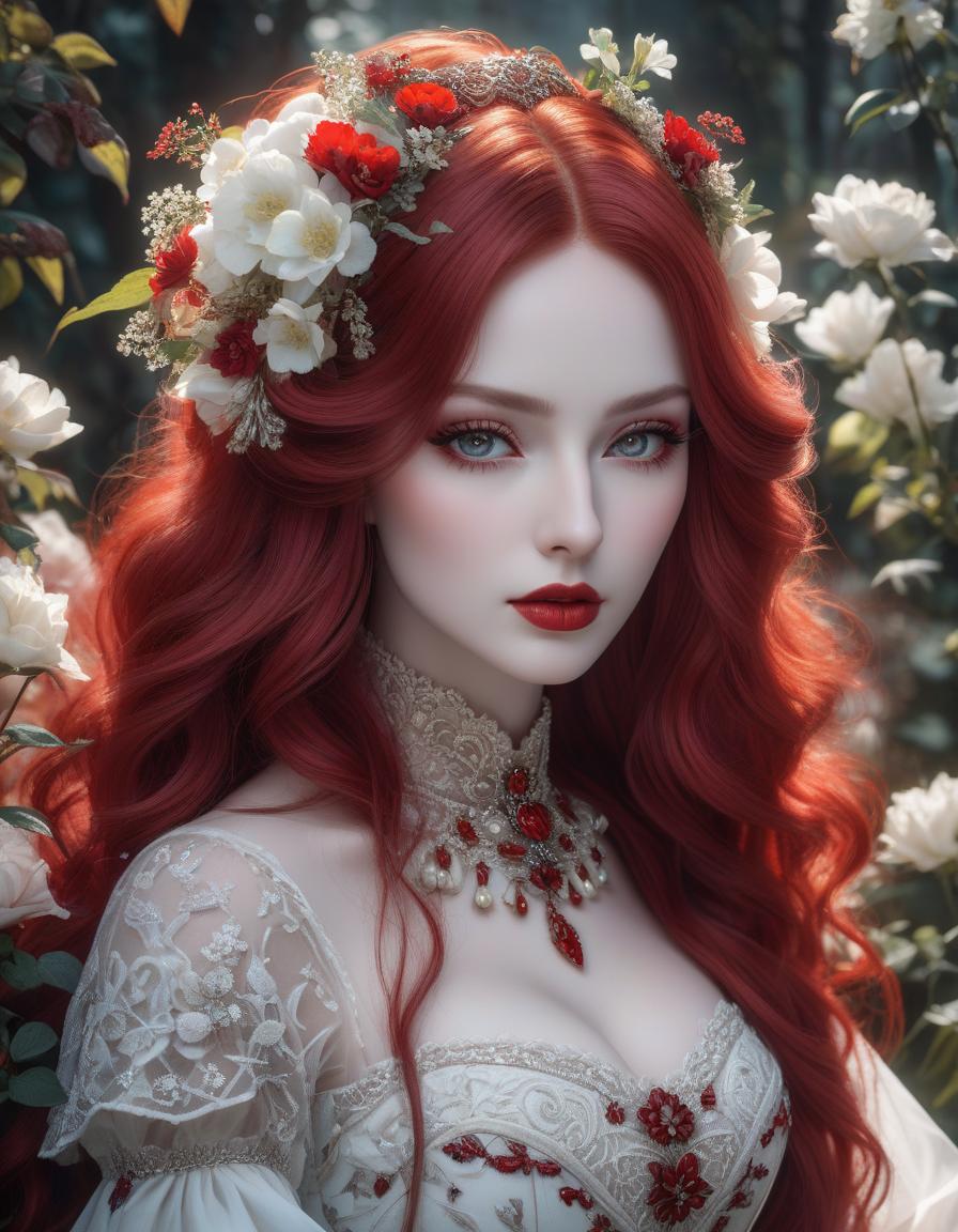  gothic style The best AI image of an exquisitely beautiful woman with beautiful eyes and beautiful mouth and milky white skin, she has flowing red tresses decorated with red and white flowers and is wearing an insanely beautiful and detailed dress, bold pastel colours . dark, mysterious, haunting, dramatic, ornate, detailed hyperrealistic, full body, detailed clothing, highly detailed, cinematic lighting, stunningly beautiful, intricate, sharp focus, f/1. 8, 85mm, (centered image composition), (professionally color graded), ((bright soft diffused light)), volumetric fog, trending on instagram, trending on tumblr, HDR 4K, 8K