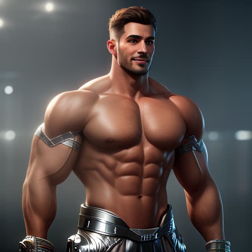  A full length, drunken, smiling, broad shouldered man of short stature, muscular. Pink eyes, bronze skin color, silver short cropped hair. Sporty, challenging. hyperrealistic, full body, detailed clothing, highly detailed, cinematic lighting, stunningly beautiful, intricate, sharp focus, f/1. 8, 85mm, (centered image composition), (professionally color graded), ((bright soft diffused light)), volumetric fog, trending on instagram, trending on tumblr, HDR 4K, 8K