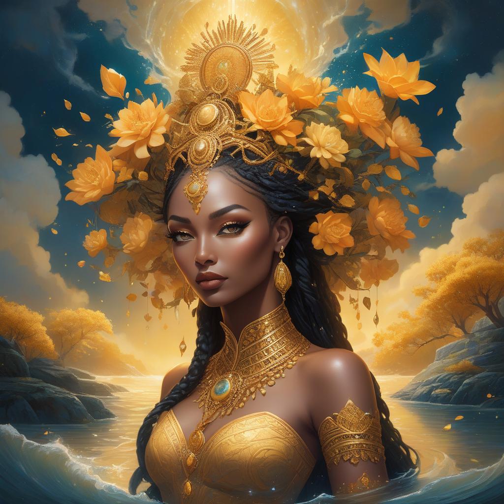  A fantasy portrait of a woman adorned with golden floral ornaments, surrounded by a mystical, luminous landscape with water elements. An insanely hyperdetailed whimsical fantasical painting of the Goddess Oshun, the Yoruba goddess of love, fertility, and rivers. She is typically depicted as a beautiful woman adorned with gold and surrounded by flowing water. Genres: Fantasy, Mythology. Styles: Whimsical, Surreal. Techniques: Hyperrealism, Digital Painting. Lights: Warm and Radiant. Colors: Golden yellows, bright oranges, warm browns, and deep blues. Descriptive terms: Lush, Opulent, Serene, Mystical, and Nurturing. This masterpiece digital artwork would be best painted by artists such as Tara McPherson, Audrey Kawasaki, Nicoletta Ceccoli, M hyperrealistic, full body, detailed clothing, highly detailed, cinematic lighting, stunningly beautiful, intricate, sharp focus, f/1. 8, 85mm, (centered image composition), (professionally color graded), ((bright soft diffused light)), volumetric fog, trending on instagram, trending on tumblr, HDR 4K, 8K