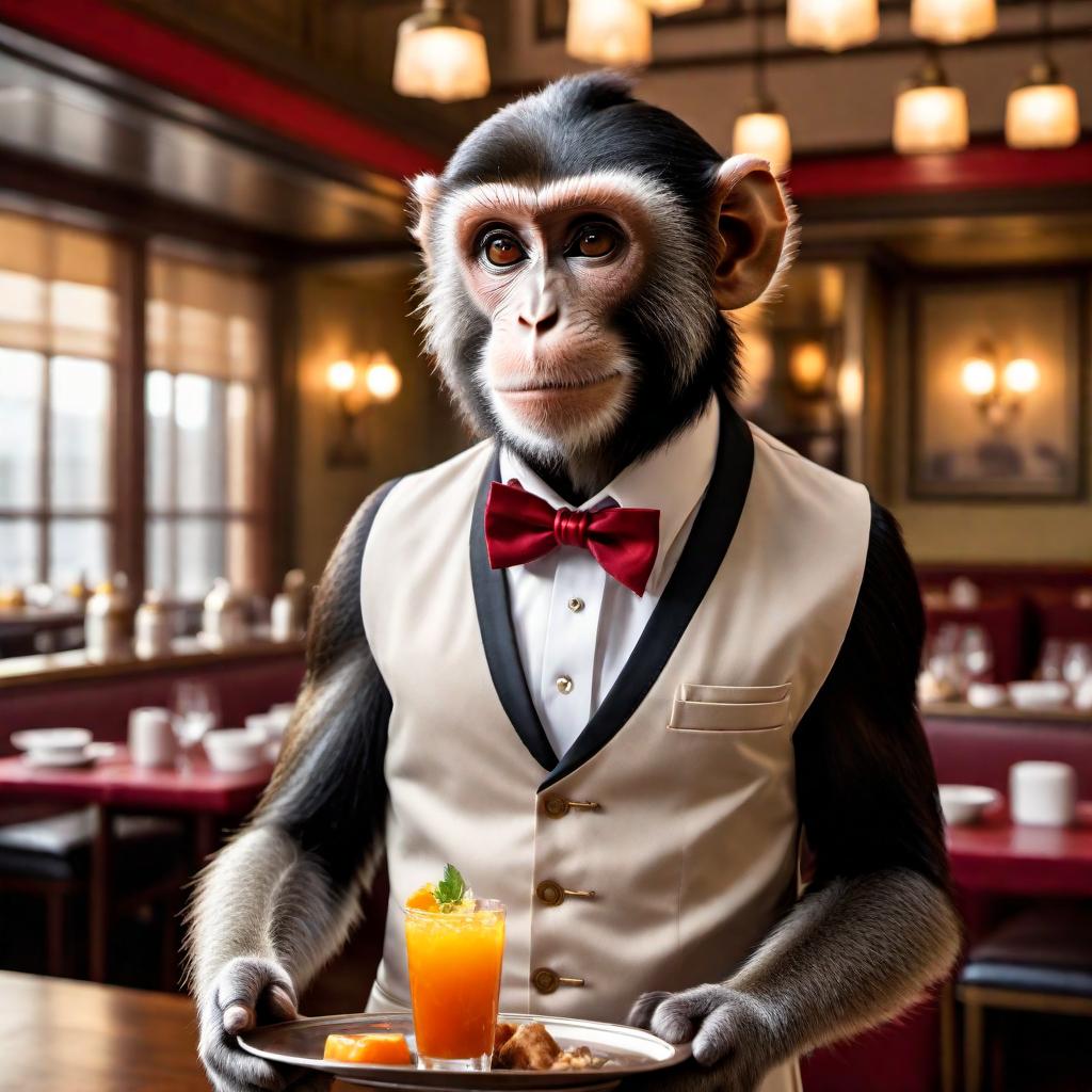  A monkey dressed as a waiter, standing in a restaurant setting. The monkey is wearing a classic waiter's uniform, including a bow tie and a vest, and holding a tray with food and drinks. hyperrealistic, full body, detailed clothing, highly detailed, cinematic lighting, stunningly beautiful, intricate, sharp focus, f/1. 8, 85mm, (centered image composition), (professionally color graded), ((bright soft diffused light)), volumetric fog, trending on instagram, trending on tumblr, HDR 4K, 8K