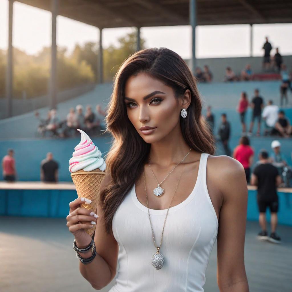  Beautiful female model wearing a diamond clustered ice cream cone pendant at a skatepark hyperrealistic, full body, detailed clothing, highly detailed, cinematic lighting, stunningly beautiful, intricate, sharp focus, f/1. 8, 85mm, (centered image composition), (professionally color graded), ((bright soft diffused light)), volumetric fog, trending on instagram, trending on tumblr, HDR 4K, 8K