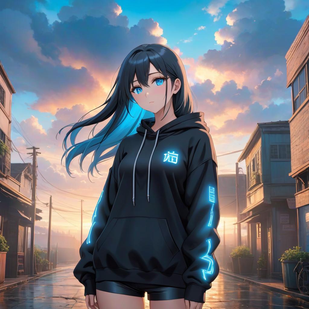  a girl with long hair standing in front of a cloudy sky, inspired by INO, trending on pixiv, auto destructive art, black hoodie techie, glowing blue eyes, official studio anime still, vacation photo hyperrealistic, full body, detailed clothing, highly detailed, cinematic lighting, stunningly beautiful, intricate, sharp focus, f/1. 8, 85mm, (centered image composition), (professionally color graded), ((bright soft diffused light)), volumetric fog, trending on instagram, trending on tumblr, HDR 4K, 8K