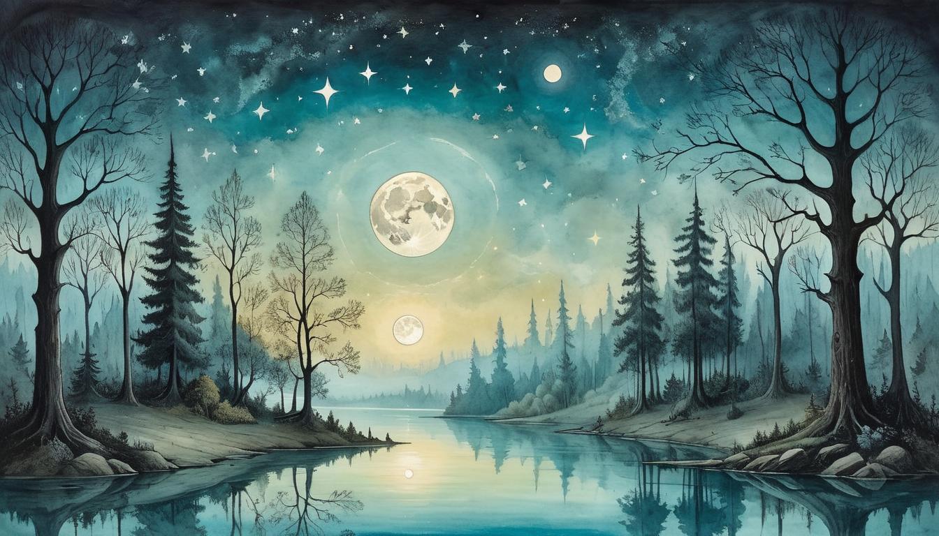  on parchment, surrealism+++, A mirrored lake under a star filled sky, hints of spectral shapes just beneath the water's surface, reflection of the trees and moon, serene, mysterious, unknown depths(mysterious, provocative, symbolic,muted color)+++