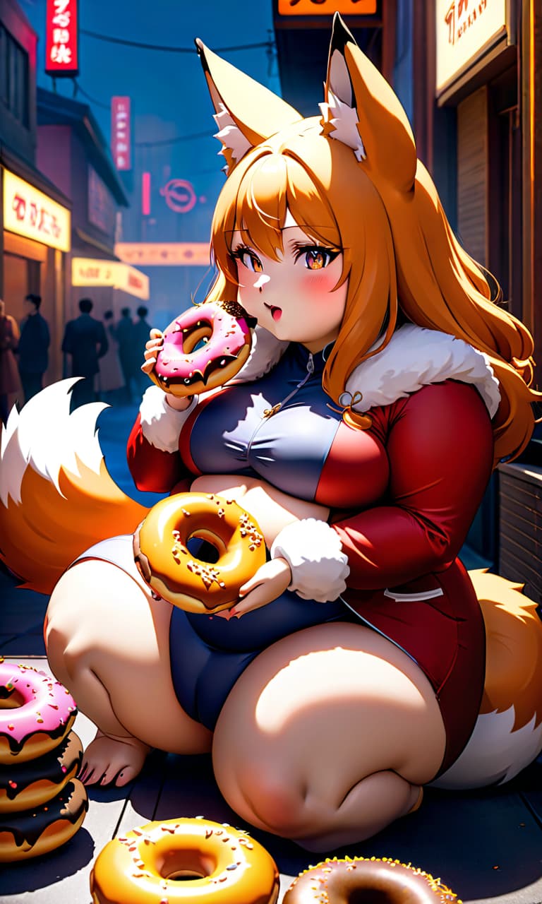  anime artwork A fat girl with fox like ears and a fox like tail eats donuts. . anime style, key visual, vibrant, studio anime, highly detailed hyperrealistic, full body, detailed clothing, highly detailed, cinematic lighting, stunningly beautiful, intricate, sharp focus, f/1. 8, 85mm, (centered image composition), (professionally color graded), ((bright soft diffused light)), volumetric fog, trending on instagram, trending on tumblr, HDR 4K, 8K