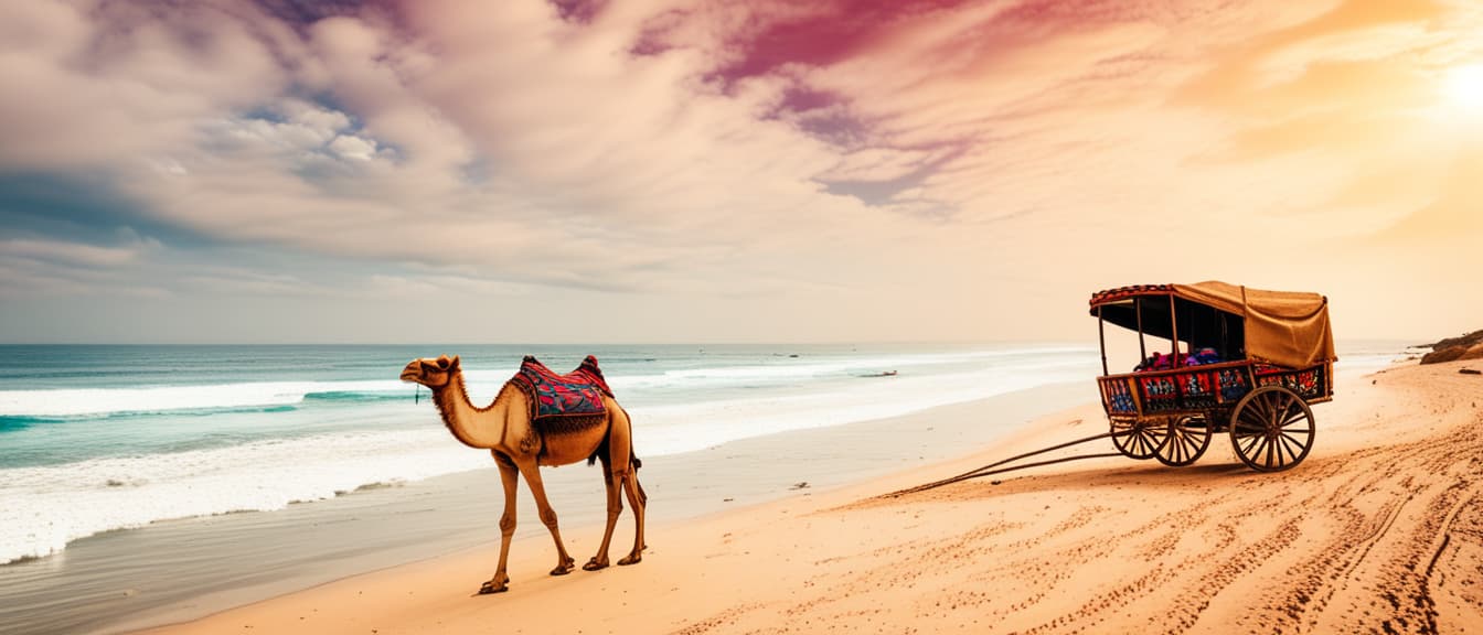  best quality, HD, Beach summer panoramic background with Camel cart on the sand