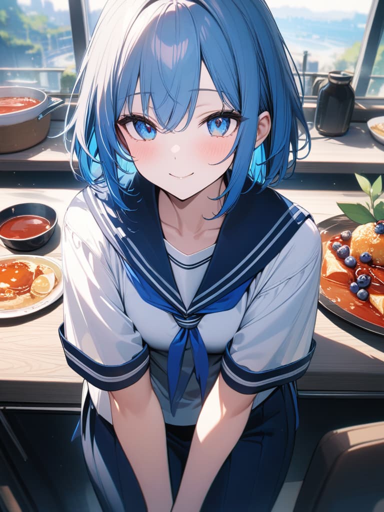  Cute, , blue hair, blue eyes, short bob, thin body, white skin, sauce, , blueberry decoration, sailor suit, , smile, masterpiece, best quality,8k,ultra detailed,high resolution,an extremely delicate and beautiful,hyper detail