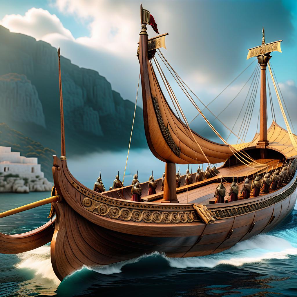  hyperrealistic art Big ancient Greek the trireme with oars . extremely high resolution details, photographic, realism pushed to extreme, fine texture, incredibly lifelike hyperrealistic, full body, detailed clothing, highly detailed, cinematic lighting, stunningly beautiful, intricate, sharp focus, f/1. 8, 85mm, (centered image composition), (professionally color graded), ((bright soft diffused light)), volumetric fog, trending on instagram, trending on tumblr, HDR 4K, 8K