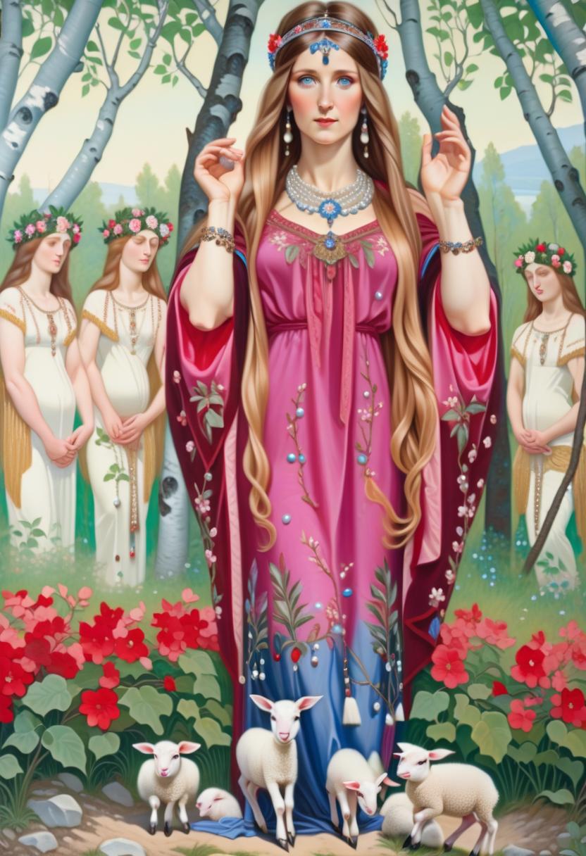  A young, beautiful, blooming Old Slavic woman with long brown hair and blue eyes, wearing a headband decorated with pearls and precious stones. She is depicted from head to toe in an embroidered dress. He walks through a birch grove. The gaze looks from the painting to the viewer. Her right hand is clenched into a fist, bent at the elbow and raised at shoulder level. The left arm is bent at the elbow and raised at shoulder level and the palm is open and turned from the painting to the viewer. Flowers are blooming at her feet and fruits are lying and newborn lambs are running and newborn piglets are running hyperrealistic, full body, detailed clothing, highly detailed, cinematic lighting, stunningly beautiful, intricate, sharp focus, f/1. 8, 85mm, (centered image composition), (professionally color graded), ((bright soft diffused light)), volumetric fog, trending on instagram, trending on tumblr, HDR 4K, 8K