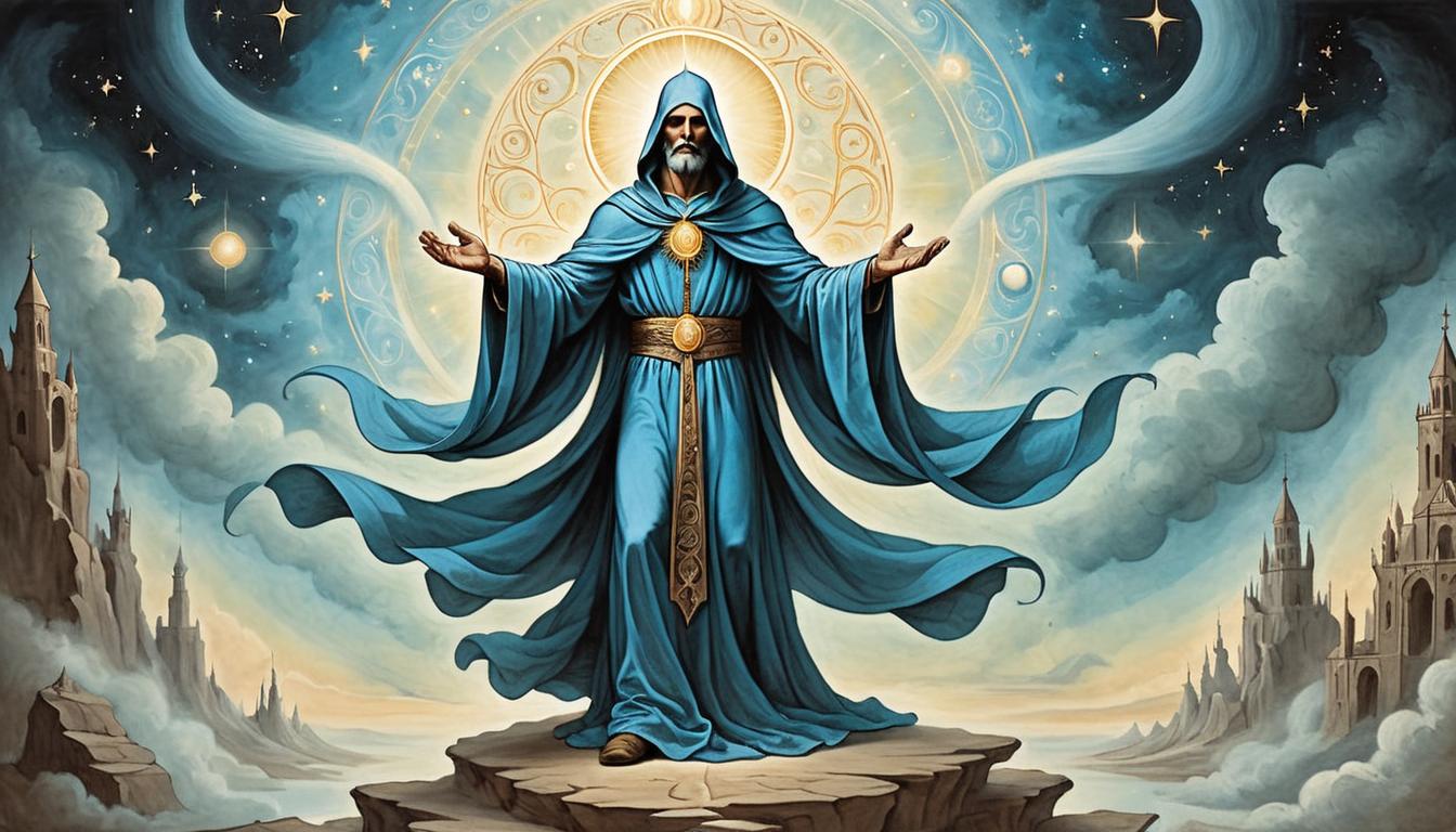  on parchment, surrealism+++, A celestial figure in flowing robes, surrounded by an aura of light, radiating clarity, divine guidance, ascendant(mysterious, provocative, symbolic,muted color)+++