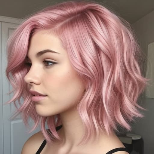  Short, wavy, Pink hair