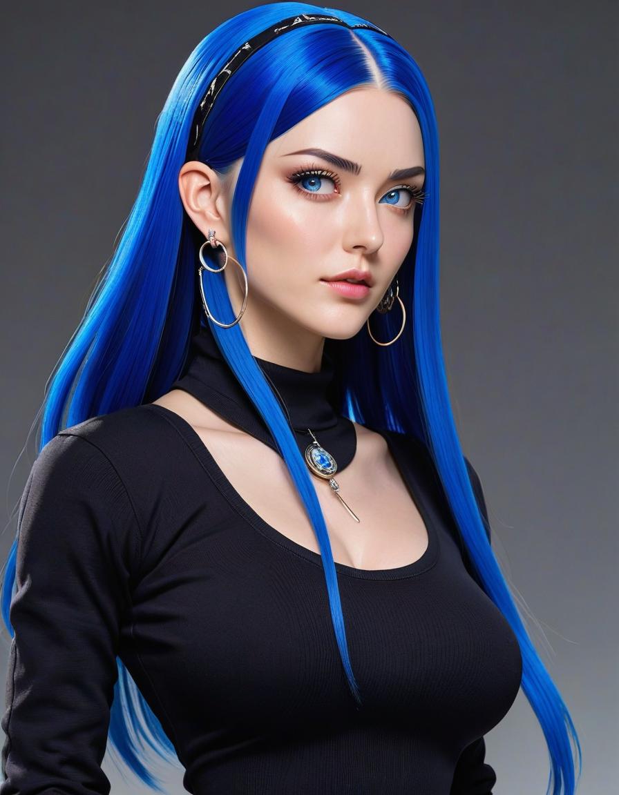  anime artwork A girl with long straight dark blue hair, a short "meth" cap, blue eyes, a piercing on her brow, and long earrings. She is wearing a black tunic. . anime style, key visual, vibrant, studio anime, highly detailed hyperrealistic, full body, detailed clothing, highly detailed, cinematic lighting, stunningly beautiful, intricate, sharp focus, f/1. 8, 85mm, (centered image composition), (professionally color graded), ((bright soft diffused light)), volumetric fog, trending on instagram, trending on tumblr, HDR 4K, 8K