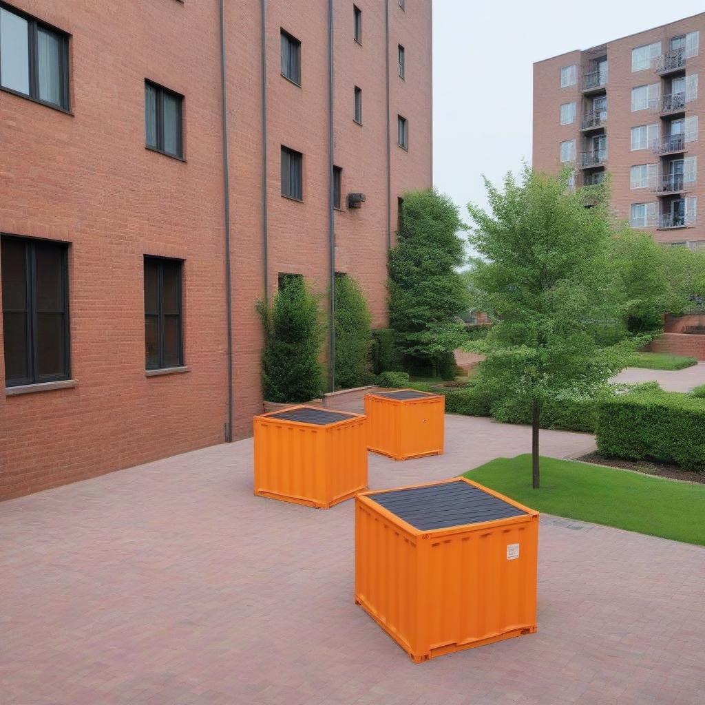  Your Prompt: Polymer onteins with garbage stand on the ground in one row on a small platform in the courtyard of a multi -storey building :: Containers have the same size and geometric shape of the cube.The rib of the cube has a size of one meter :: Each container has its own color: orange, blue and green :: On the site, containers stand next to each other in the same line parallel to the wall of an apartment building.