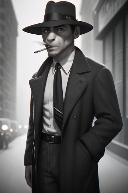  cinematic film still of <lora:1940's style:1> In the 1940's Humphrey Bogart a man in a trench coat and hat smoking a cigarette,solo,looking at viewer,1boy,hat,monochrome,greyscale,male focus,necktie,signature,shadow,facial hair,cigarette,hand in pocket,realistic,manly,trench coat ,realistic,realism,perfection,perfect,filmic,retro,vintage,classic,different haircut,different look,different style,1940's style , 1940 style, shallow depth of field, vignette, highly detailed, high budget, bokeh, cinemascope, moody, epic, gorgeous, film grain, grainy hyperrealistic, full body, detailed clothing, highly detailed, cinematic lighting, stunningly beautiful, intricate, sharp focus, f/1. 8, 85mm, (centered image composition), (professionally color graded), ((bright soft diffused light)), volumetric fog, trending on instagram, trending on tumblr, HDR 4K, 8K