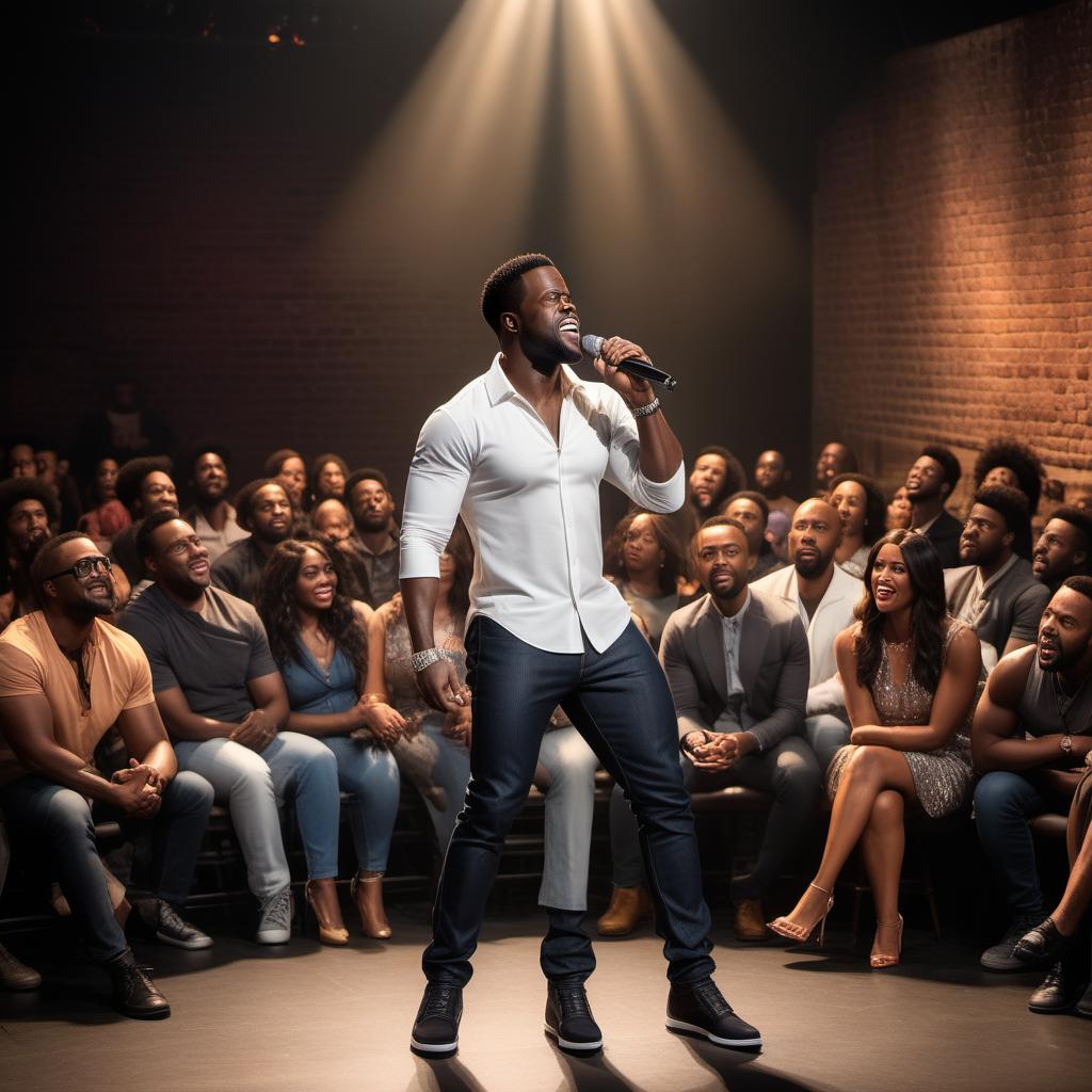  A stand-up comedy stage with a spotlight focusing on a comedian delivering a joke. The comedian has a vibrant and expressive face, typical of Kevin Hart, Michael Epps, and Kevin Michael styles. The audience is in the dark but you can see some faces and laughter. The backdrop of the stage has a brick wall and a microphone stand. The scene is lively, energetic, and full of humor, reflecting the different styles of Kevin Hart, Michael Epps, and Kevin Michael. The comedian is interacting with the audience, making animated gestures and expressions as part of the delivery of his jokes. hyperrealistic, full body, detailed clothing, highly detailed, cinematic lighting, stunningly beautiful, intricate, sharp focus, f/1. 8, 85mm, (centered image composition), (professionally color graded), ((bright soft diffused light)), volumetric fog, trending on instagram, trending on tumblr, HDR 4K, 8K