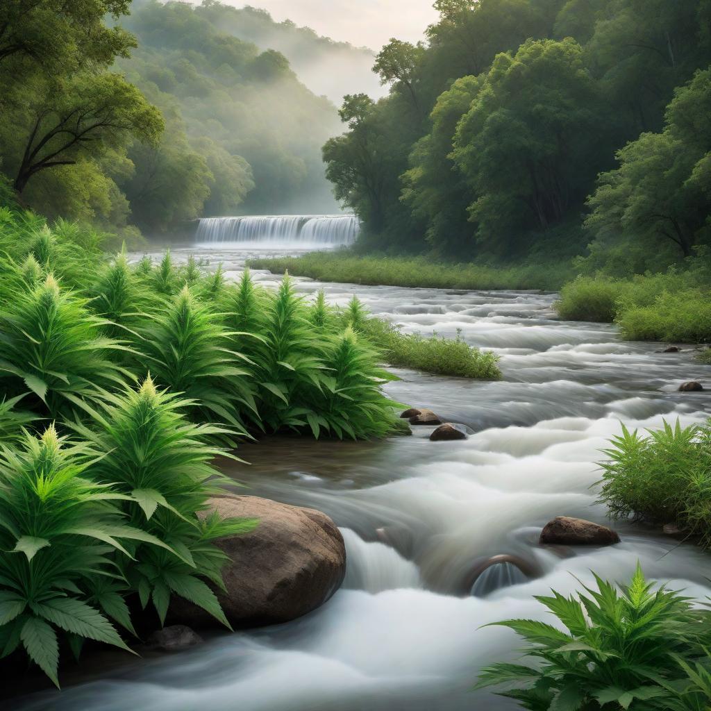  A realistic scene of the Brazos River flowing peacefully with lush green marijuana plants on both banks. Add the text 'Brazos River Bud Company' written in a stylish cursive or elegant font, clearly overlayed in an aesthetically pleasing manner. The overall design should be clean, professional, and natural, highlighting the beauty of the river and the plants. hyperrealistic, full body, detailed clothing, highly detailed, cinematic lighting, stunningly beautiful, intricate, sharp focus, f/1. 8, 85mm, (centered image composition), (professionally color graded), ((bright soft diffused light)), volumetric fog, trending on instagram, trending on tumblr, HDR 4K, 8K