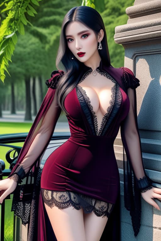  Beautiful female vampire, buxom, low cut black lace dress, scary, masterpiece, best quality image, ultra realistic hyperrealistic, full body, detailed clothing, highly detailed, cinematic lighting, stunningly beautiful, intricate, sharp focus, f/1. 8, 85mm, (centered image composition), (professionally color graded), ((bright soft diffused light)), volumetric fog, trending on instagram, trending on tumblr, HDR 4K, 8K