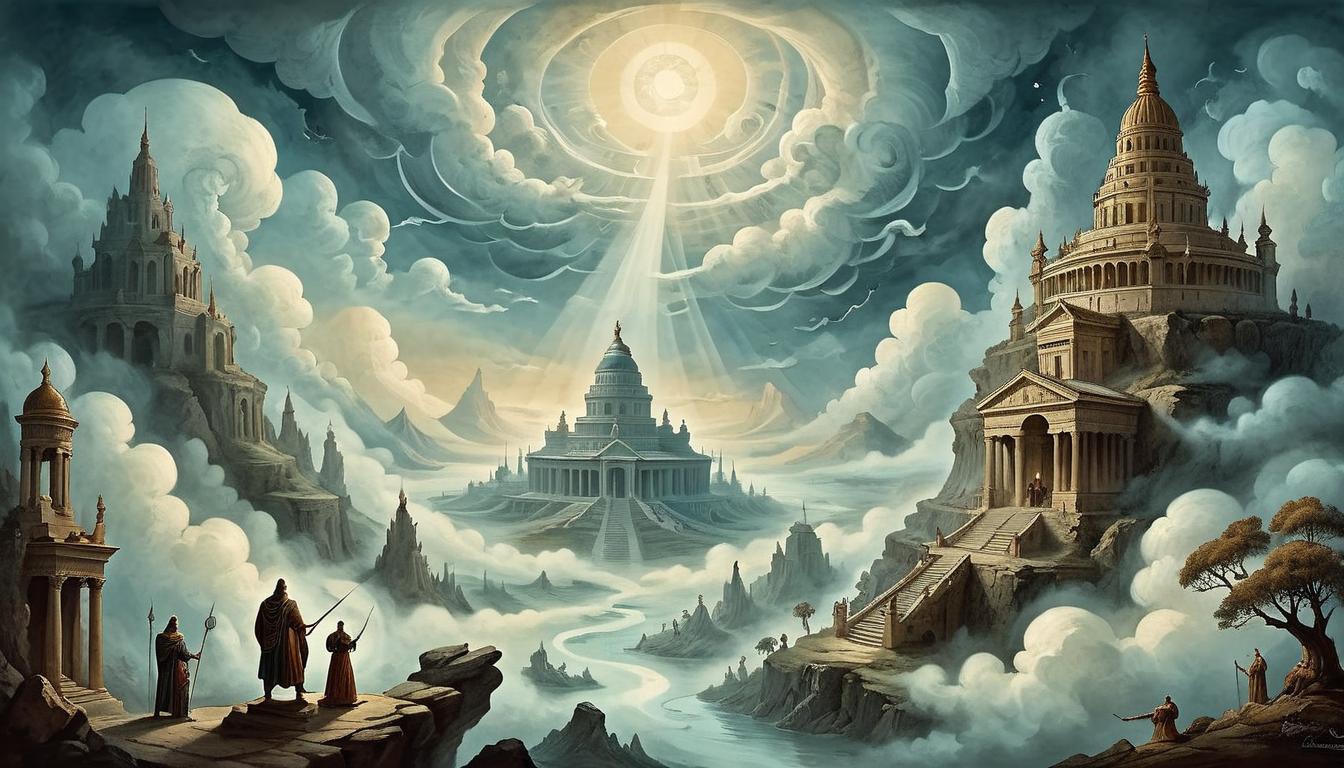  on parchment, surrealism+++, A pantheon of ancient deities, majestic and imposing, standing amidst swirling clouds and ethereal light, commanding presence, divine, omnipotent(mysterious, provocative, symbolic,muted color)+++