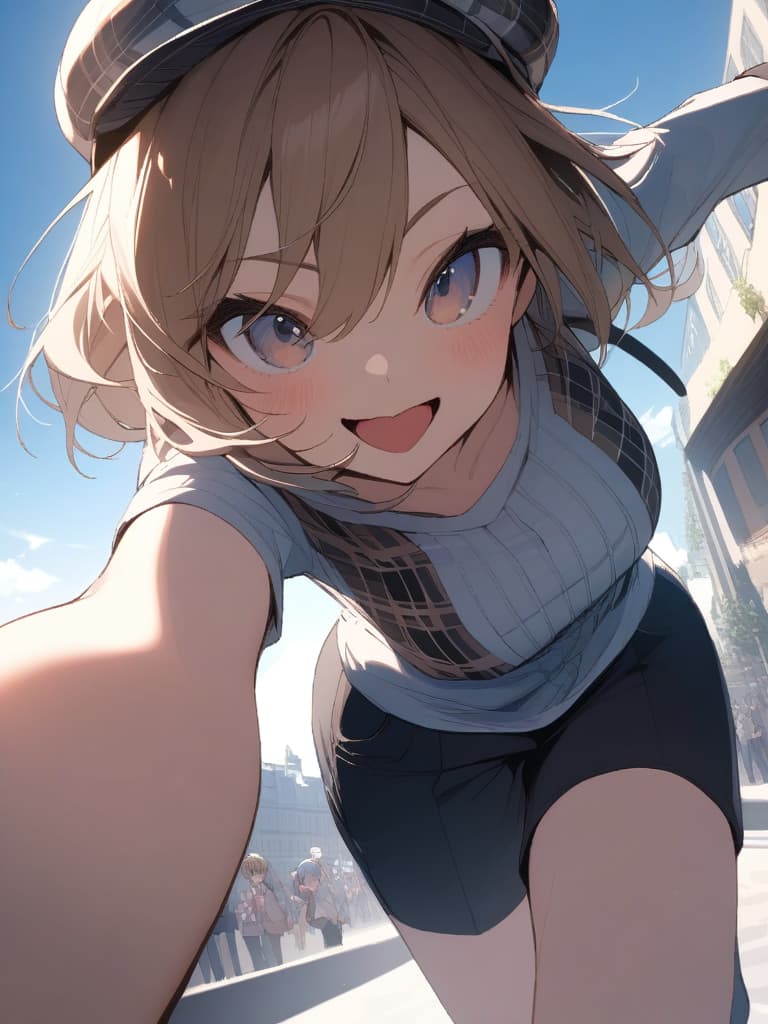  ultra detailed:1.2,masterpiece:1.2,best quality,masterpiece,bestquality,hdr:1.1,8k:1.1,very cute girl:1.3,pixie cut:1.7,light smile:1.7,brown hair:1.3,megane:1.7,(short jacket:1.3),striped tank top:1.4,capri pants:1.3,(jumping:1.7),blue sky:1.4,street:1.4,Dutch angle:1.5,(plaid cabbie hat:1.5),(sungles:1.8),armored eyes:1.2,open mouth,tongue out:1.4,looking at viewer,face focus:1.5, masterpiece, best quality,8k,ultra detailed,high resolution,an extremely delicate and beautiful,hyper detail