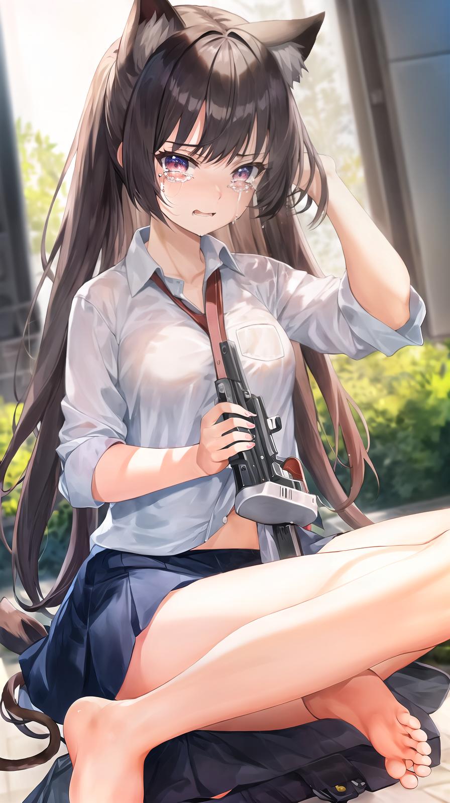  master piece , best quality,High school girl with pistol in hand, barefoot, semi long hair, cat ears, crying face