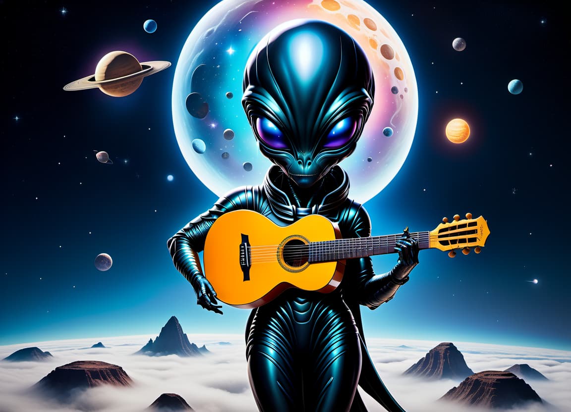  alien themed Pastel drawing. Classical guitar with clearly defined seven nylon strings. The top is a solid gold color. The neck is black, smooth. There are seven straight metal pegs on the headstock. In the background: space with stars and planets. . extraterrestrial, cosmic, otherworldly, mysterious, sci fi, highly detailed, T SHIRT DESIGN hyperrealistic, full body, detailed clothing, highly detailed, cinematic lighting, stunningly beautiful, intricate, sharp focus, f/1. 8, 85mm, (centered image composition), (professionally color graded), ((bright soft diffused light)), volumetric fog, trending on instagram, trending on tumblr, HDR 4K, 8K