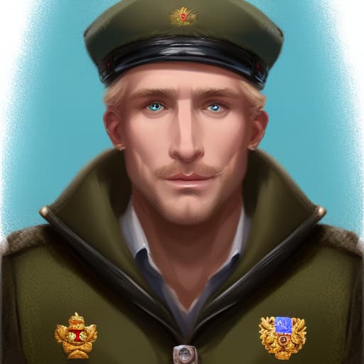 portrait+ style Russian queer sergeant blonde hunk dilf dude face