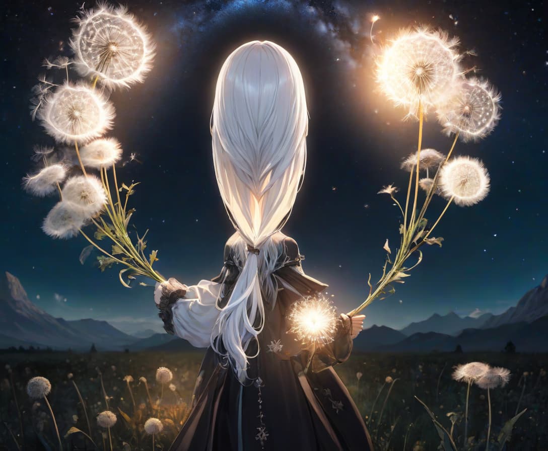  anime artwork A beautiful girl with ice blue eyes and long white hair holds a dandelion against the backdrop of the Milky Way. . anime style, key visual, vibrant, studio anime, highly detailed hyperrealistic, full body, detailed clothing, highly detailed, cinematic lighting, stunningly beautiful, intricate, sharp focus, f/1. 8, 85mm, (centered image composition), (professionally color graded), ((bright soft diffused light)), volumetric fog, trending on instagram, trending on tumblr, HDR 4K, 8K