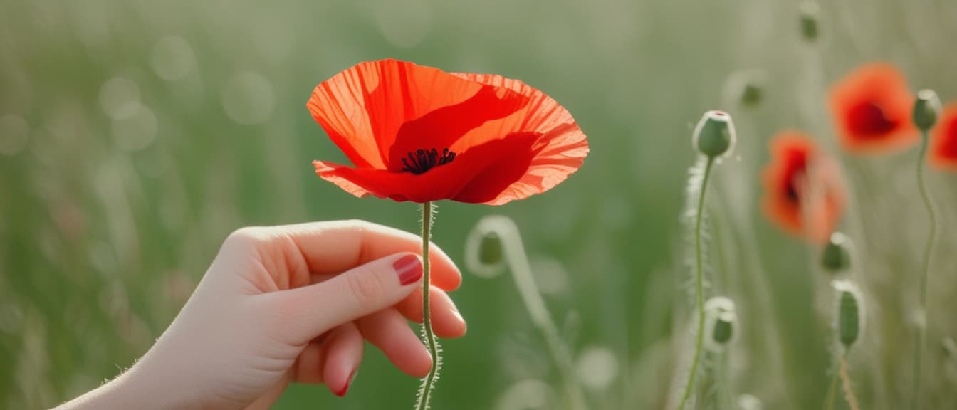  Macro Photography, Beautiful woman hands holding a bouquet of red poppy flowers background as a symbol of both remembrance and hope for a peaceful future, close up, macro 100mm, macro photography