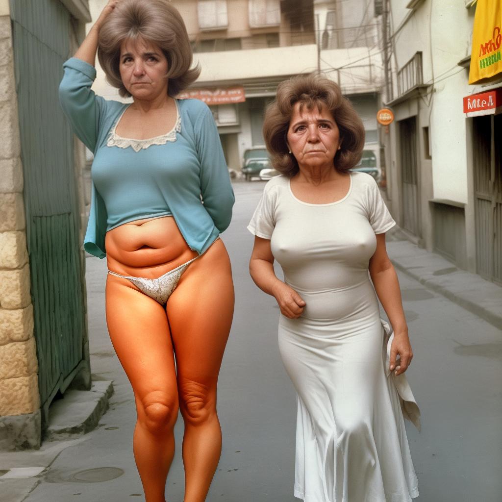  mujer madura de 55 años,voluptuosa con el trasero levantado para atrás y en calzones en la calle del año 1970s