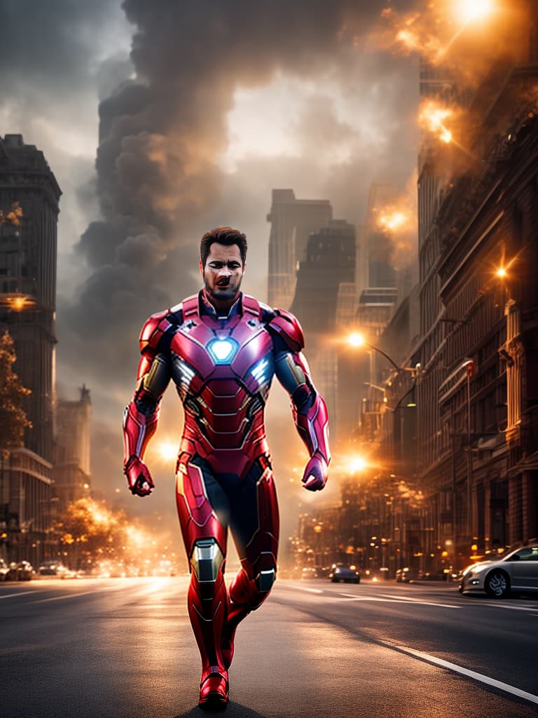  ironman tony stark in cinematic poster hyperrealistic, full body, detailed clothing, highly detailed, cinematic lighting, stunningly beautiful, intricate, sharp focus, f/1. 8, 85mm, (centered image composition), (professionally color graded), ((bright soft diffused light)), volumetric fog, trending on instagram, trending on tumblr, HDR 4K, 8K