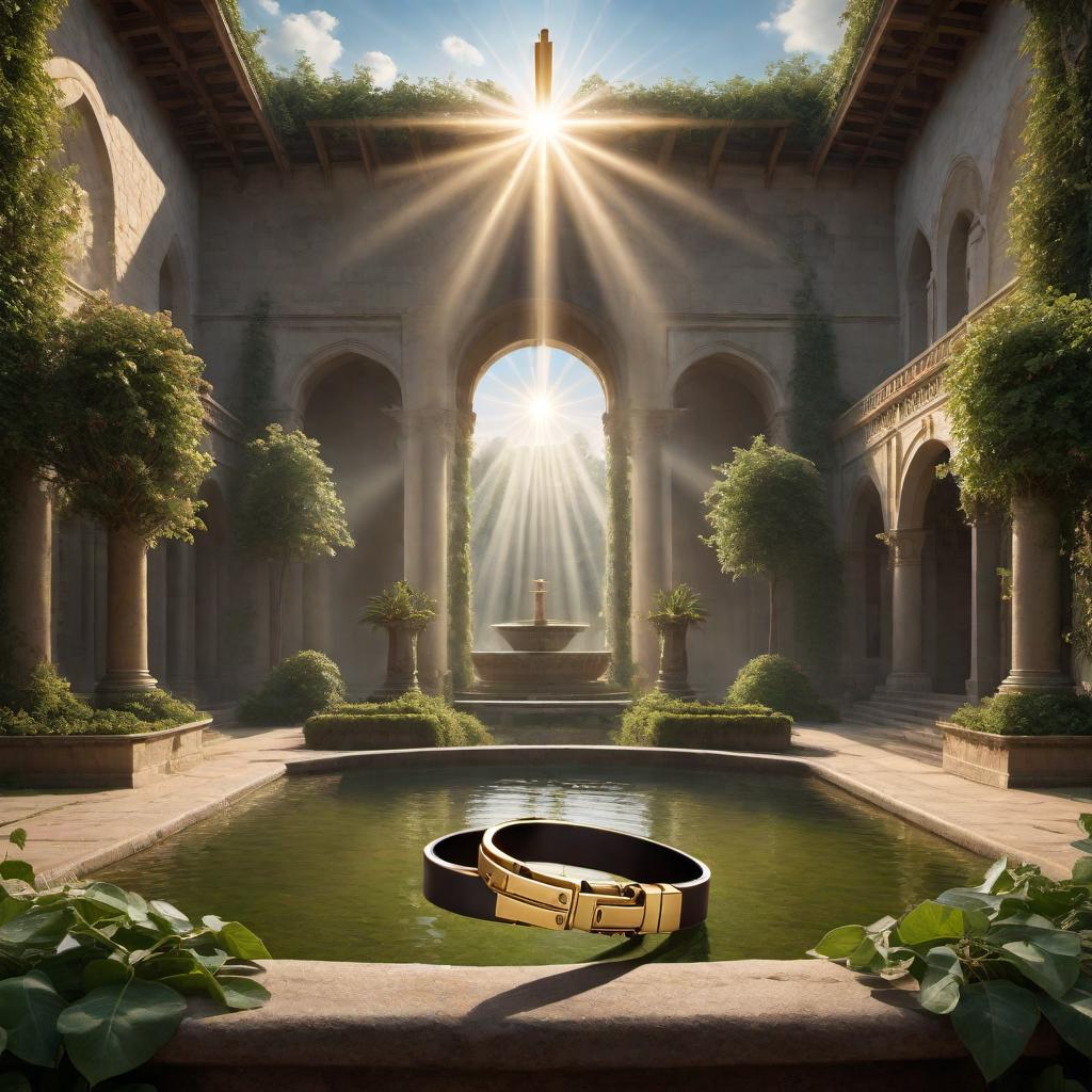  A majestic and grand prison with beautifully designed walls and architecture, symbolizing awe and admiration. In the foreground, a pair of handcuffs is being opened, symbolizing freedom and release. Above, divine light shines down from the heavens, casting a holy glow upon the scene. In the background, serene and well-maintained gardens are visible. The overall image should evoke a sense of respect, liberation, and praise to God, with elements such as a glowing cross or rays of light to emphasize the spiritual aspect. hyperrealistic, full body, detailed clothing, highly detailed, cinematic lighting, stunningly beautiful, intricate, sharp focus, f/1. 8, 85mm, (centered image composition), (professionally color graded), ((bright soft diffused light)), volumetric fog, trending on instagram, trending on tumblr, HDR 4K, 8K