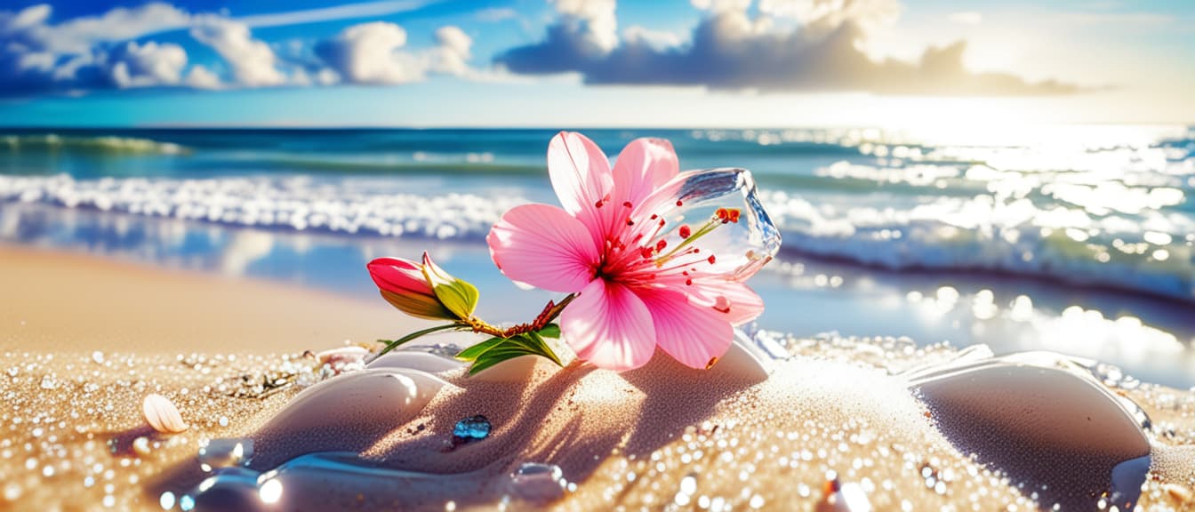  best quality, HD, Beach summer panoramic background with Blossom flower on the cristal sand and glory water