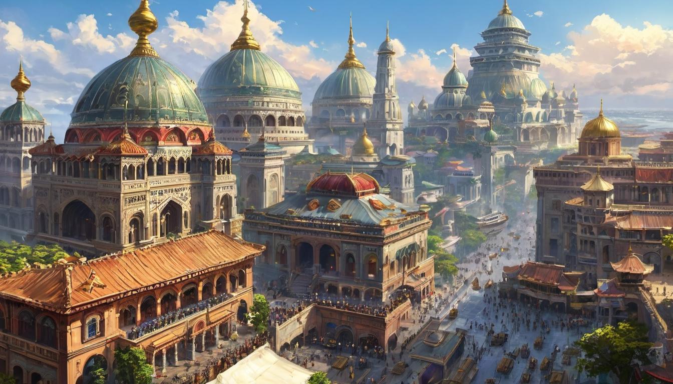  digital painting of A sprawling empire with massive buildings, detailed architecture, animated marketplace, bustling streets, diverse populace, grandiosity, vivid, rich looking at viewer, dynamic pose, (intricate details, masterpiece, best quality)