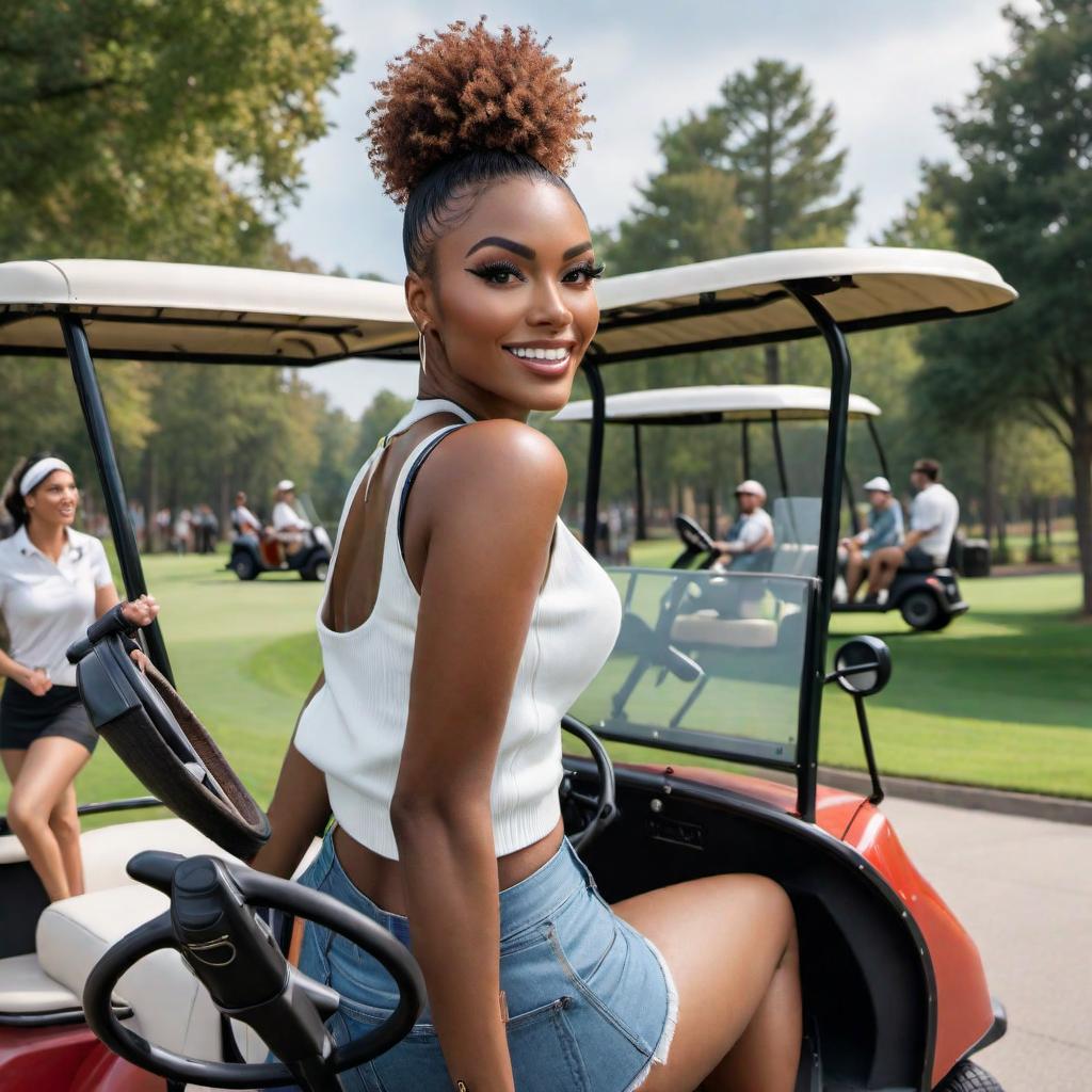  A picture of a ska girl with a side cut hairstyle, driving a golf cart on a college campus with a joyful expression. hyperrealistic, full body, detailed clothing, highly detailed, cinematic lighting, stunningly beautiful, intricate, sharp focus, f/1. 8, 85mm, (centered image composition), (professionally color graded), ((bright soft diffused light)), volumetric fog, trending on instagram, trending on tumblr, HDR 4K, 8K