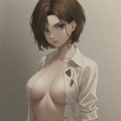  brown-haired woman with short hair, open shirt