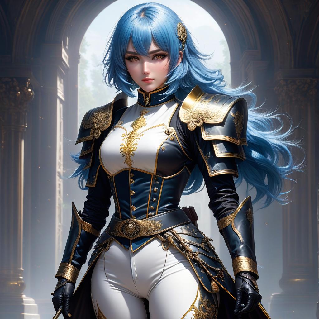  Girl, female cuirassier, ((full body)), foot focus, feet, blue hair, bob cut, bright yellow eyes, glowing eyes, hourglass figure, fully clothed, military uniform, (19th century ceremonial uniform), (cuirass), white clothes, white cloak, ((white leggings )), riding pants, black boots, over the knee boots, thigh high boots, tight boots, belt, choker, awards, ((prayer)), hands folded in a prayer gesture, looking at viewer, (extremely hyper detailed face), (masterpiece : 1.4), (perfect eyes: 1.1), (perfect hands), 2D, anime, extremely detailed clothes. hyperrealistic, full body, detailed clothing, highly detailed, cinematic lighting, stunningly beautiful, intricate, sharp focus, f/1. 8, 85mm, (centered image composition), (professionally color graded), ((bright soft diffused light)), volumetric fog, trending on instagram, trending on tumblr, HDR 4K, 8K