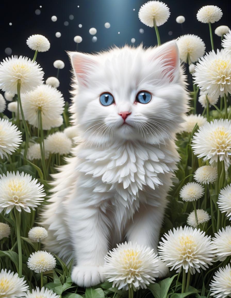  stacked papercut art of White kitten in white, fluffy dandelions . 3D, layered, dimensional, depth, precision cut, stacked layers, papercut, high contrast hyperrealistic, full body, detailed clothing, highly detailed, cinematic lighting, stunningly beautiful, intricate, sharp focus, f/1. 8, 85mm, (centered image composition), (professionally color graded), ((bright soft diffused light)), volumetric fog, trending on instagram, trending on tumblr, HDR 4K, 8K