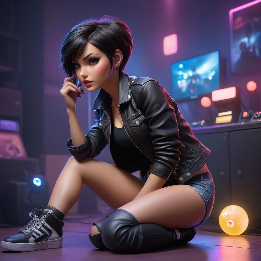  A girl, with dark hair, in a pixie cut, in a black top and denim shorts, in a black leather jacket, is sitting on the floor playing PlayStation with ultraviolet lighting. hyperrealistic, full body, detailed clothing, highly detailed, cinematic lighting, stunningly beautiful, intricate, sharp focus, f/1. 8, 85mm, (centered image composition), (professionally color graded), ((bright soft diffused light)), volumetric fog, trending on instagram, trending on tumblr, HDR 4K, 8K