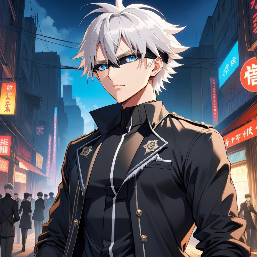  anime artwork anime male with white fluffy, tousled hair. Pumped up. With a black cloth blindfold that covers the eyes, IT IS A MUST. He's also wearing a black tight T shirt that hugs his . blindfold without slit, it's just fabric fabric he's . is a tall, handsome man with spiky white hair. The eyes are mostly covered with gles or a blindfold, hiding the light blue eyes. He almost always wears a black blindfold, a dark uniform: a jacket with a long collar, long black pants and black shoes. The bandage makes my hair stand up. . anime style, key visual, vint, studio anime, highly detailed hyperrealistic, full body, detailed clothing, highly detailed, cinematic lighting, stunningly beautiful, intricate, sharp focus, f/1. 8, 85mm, (centered image composition), (professionally color graded), ((bright soft diffused light)), volumetric fog, trending on instagram, trending on tumblr, HDR 4K, 8K