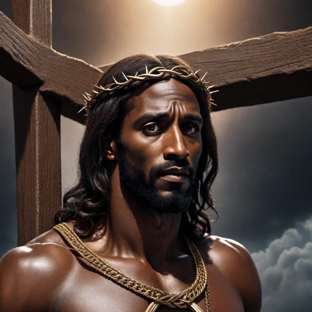  A solemn image of a black Jesus nailed to the cross. His expression is one of deep concern and empathy. He is saying 'I travel there for you. I watch you cry and I watch you suffer, but when are you gonna suffer for me?' The background is simple to maintain the focus on Jesus and his emotional state. hyperrealistic, full body, detailed clothing, highly detailed, cinematic lighting, stunningly beautiful, intricate, sharp focus, f/1. 8, 85mm, (centered image composition), (professionally color graded), ((bright soft diffused light)), volumetric fog, trending on instagram, trending on tumblr, HDR 4K, 8K