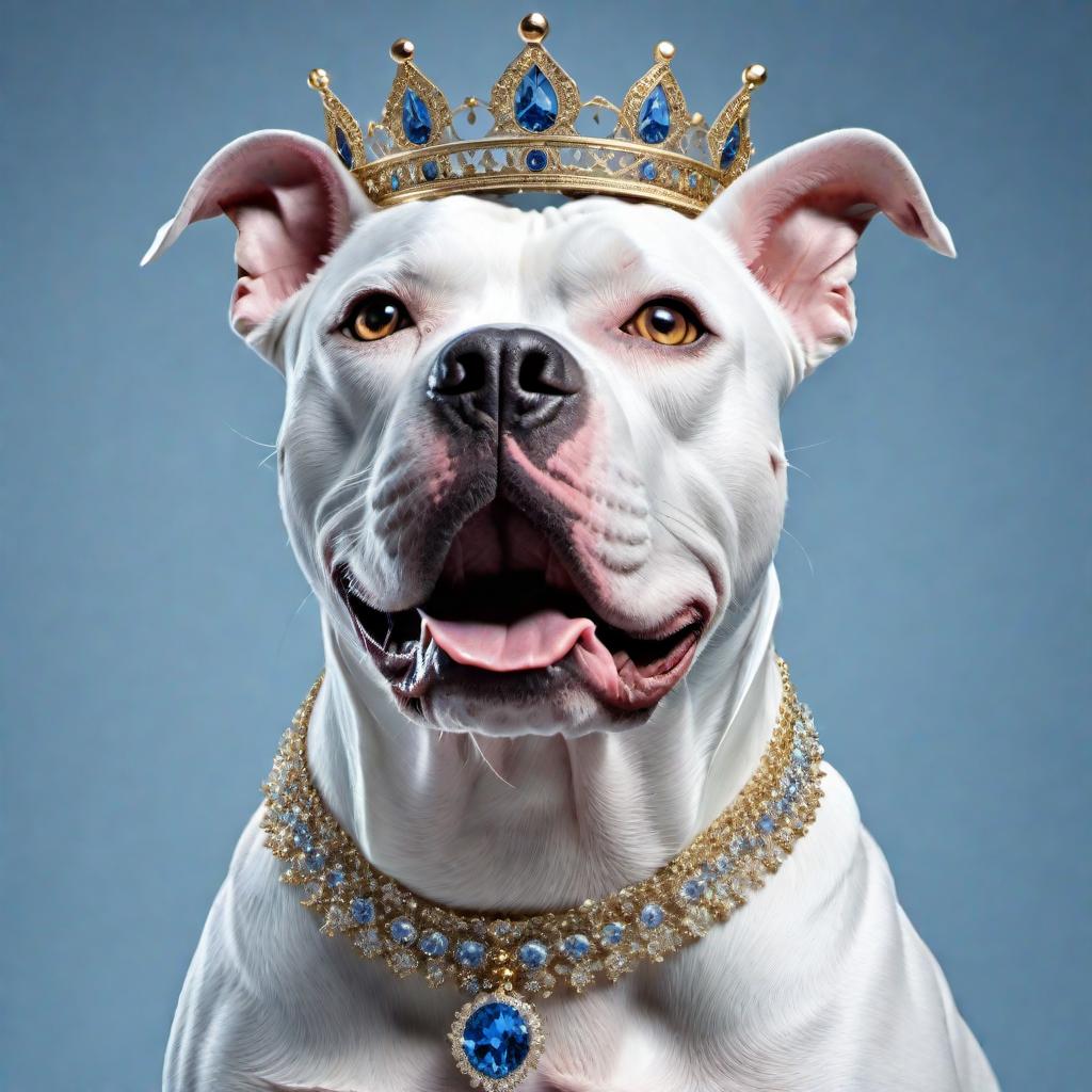  A growling white and blue pit bull wearing a princess crown hyperrealistic, full body, detailed clothing, highly detailed, cinematic lighting, stunningly beautiful, intricate, sharp focus, f/1. 8, 85mm, (centered image composition), (professionally color graded), ((bright soft diffused light)), volumetric fog, trending on instagram, trending on tumblr, HDR 4K, 8K