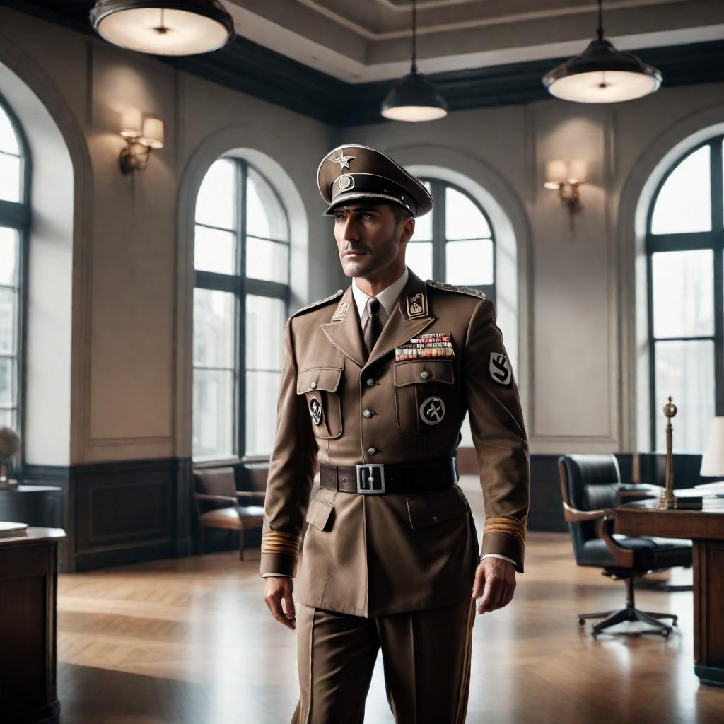  An image of an adding rockstar walking into a law firm wearing a vintage Nazi SS uniform. hyperrealistic, full body, detailed clothing, highly detailed, cinematic lighting, stunningly beautiful, intricate, sharp focus, f/1. 8, 85mm, (centered image composition), (professionally color graded), ((bright soft diffused light)), volumetric fog, trending on instagram, trending on tumblr, HDR 4K, 8K