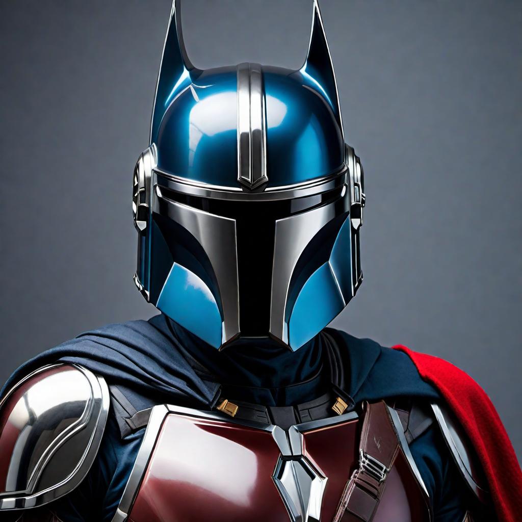  A combination of Mandalorian armor in matte blue with chrome trim, fused with a Batman style suit. The armor should be sleek and futuristic, featuring the Mandalorian helmet with a Batman cowl-like modification. The visor is red, and there is a cape billowing behind. The design should reflect a seamless blend of both iconic characters, with the matte blue and chrome trim contrasting strikingly. hyperrealistic, full body, detailed clothing, highly detailed, cinematic lighting, stunningly beautiful, intricate, sharp focus, f/1. 8, 85mm, (centered image composition), (professionally color graded), ((bright soft diffused light)), volumetric fog, trending on instagram, trending on tumblr, HDR 4K, 8K