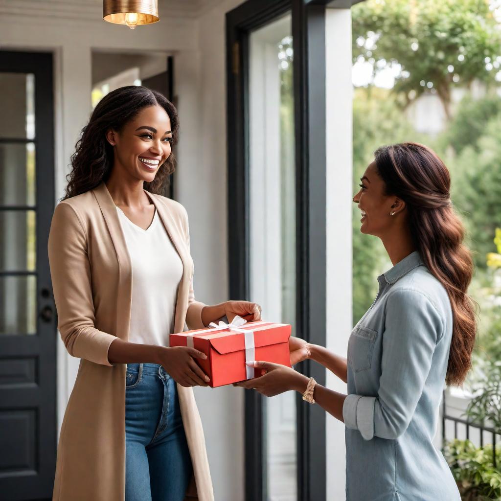  A millennial standing in the doorway of their home and smiling while a different person is handing them a very small box package. The millennial looks very happy, conveying excitement and gratitude for the fast delivery. hyperrealistic, full body, detailed clothing, highly detailed, cinematic lighting, stunningly beautiful, intricate, sharp focus, f/1. 8, 85mm, (centered image composition), (professionally color graded), ((bright soft diffused light)), volumetric fog, trending on instagram, trending on tumblr, HDR 4K, 8K