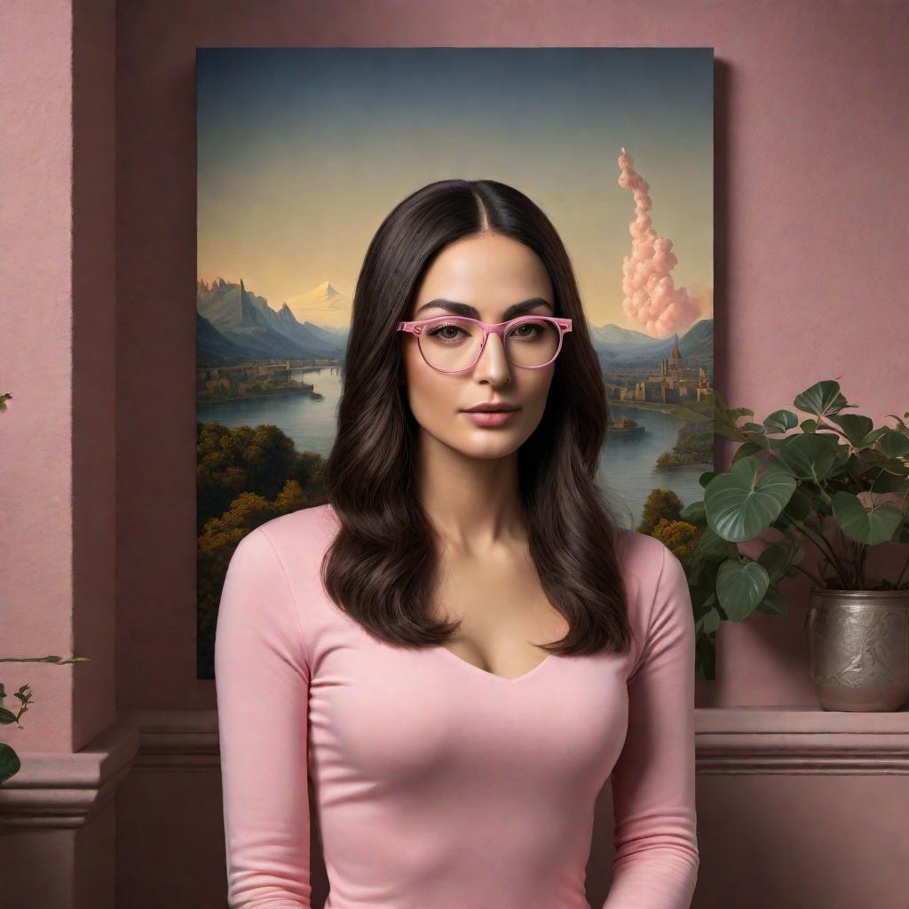  Create an image of a person in the style of the Mona Lisa with the following features: brown eyes, dark hair, wearing pink eyeglasses, and a Pink Floyd tee shirt. hyperrealistic, full body, detailed clothing, highly detailed, cinematic lighting, stunningly beautiful, intricate, sharp focus, f/1. 8, 85mm, (centered image composition), (professionally color graded), ((bright soft diffused light)), volumetric fog, trending on instagram, trending on tumblr, HDR 4K, 8K