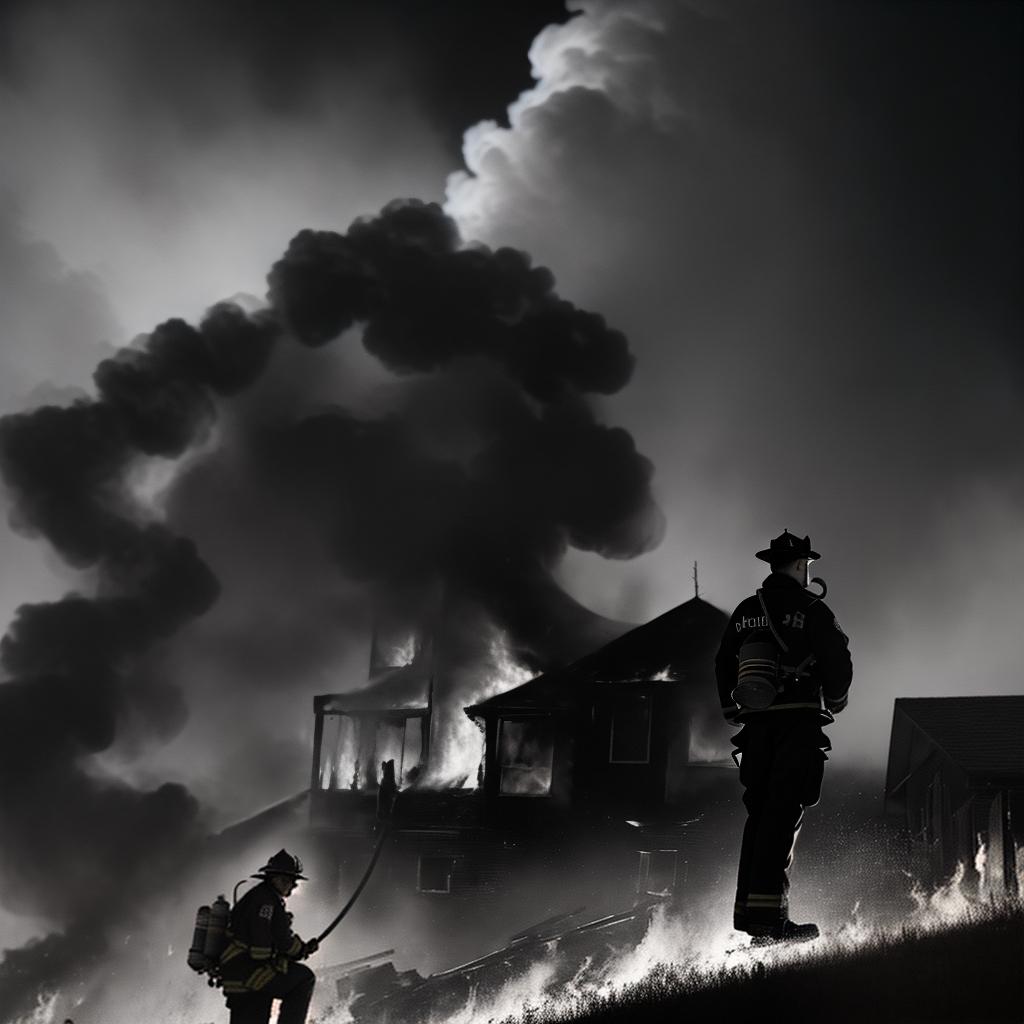  masterpiece, best quality, A black and white realism picture of a firefighter on top of a burning house fighting a fire that has a prominent face of the devil. On the back of the firefighters clothes has the numbers 147.The image is off in the distance, emphasizing the size of the devil in the background.