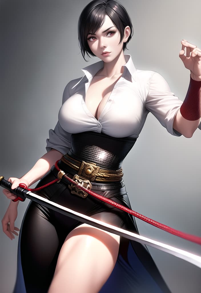  black hair, very short hair, woman, older sister, mature, white dress shirt, red corset, black leather pants, long Japanese sword, muscular, accurate eyes, accurate hands, Japanese armor on shoulders and arms,cowboy shot, (Masterpiece, BestQuality:1.3), (ultra detailed:1.2), (hyperrealistic:1.3), (RAW photo:1.2),High detail RAW color photo, professional photograph, (Photorealistic:1.4), (realistic:1.4), ,professional lighting, (japanese), beautiful face, (realistic face)