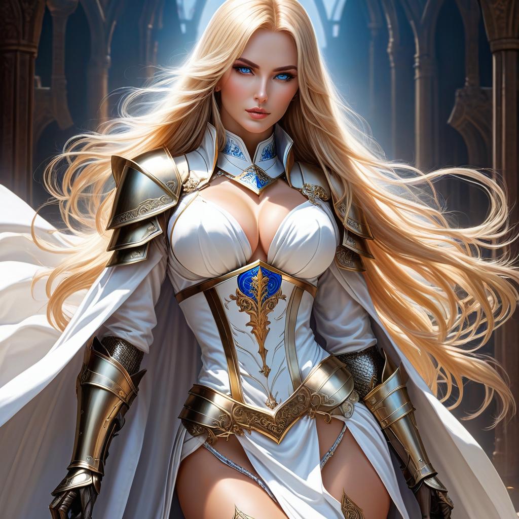  Girl, blonde, very long hair, straight hair, blue eyes, hourglass figure, white robes, paladin, full plate armor, (extremely hyper detailed face), (masterpiece:1.4), (perfect eyes:1.1), (perfect hands) , 2d, anime, extremely hyper detailed clothing. hyperrealistic, full body, detailed clothing, highly detailed, cinematic lighting, stunningly beautiful, intricate, sharp focus, f/1. 8, 85mm, (centered image composition), (professionally color graded), ((bright soft diffused light)), volumetric fog, trending on instagram, trending on tumblr, HDR 4K, 8K