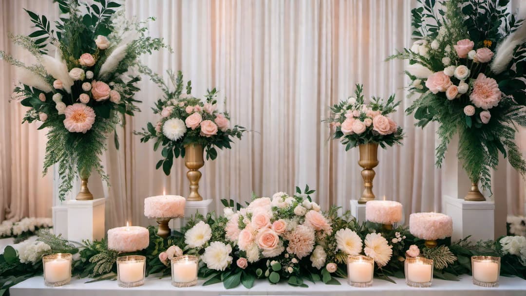  Generate an image of a wedding table centerpiece using wood slices as the base. The centerpiece should feature a combination of blush pink, ivory, and sage green floral arrangements alongside antique gold votive candle holders. The overall ambiance should evoke a blend of rustic charm and elegant sophistication, suitable for a beautiful wedding celebration. hyperrealistic, full body, detailed clothing, highly detailed, cinematic lighting, stunningly beautiful, intricate, sharp focus, f/1. 8, 85mm, (centered image composition), (professionally color graded), ((bright soft diffused light)), volumetric fog, trending on instagram, trending on tumblr, HDR 4K, 8K